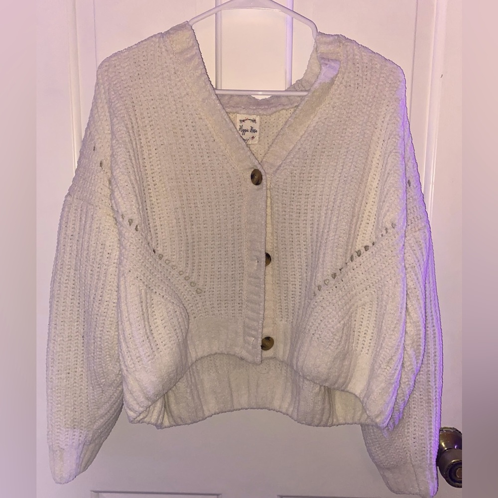 Cream/ white knitted mid length button up soft sweater